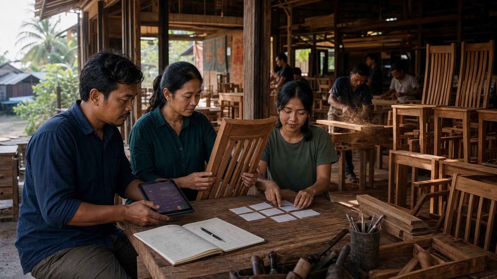 Piseth works with his wife and sister around a workshop table