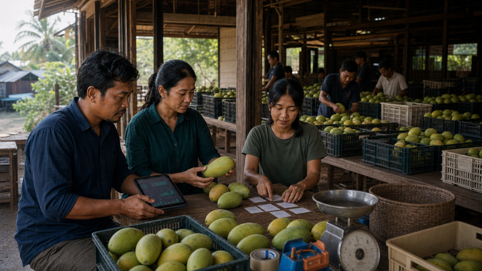 Piseth, Sreypov and Mali review harvest records beside graded mango crates