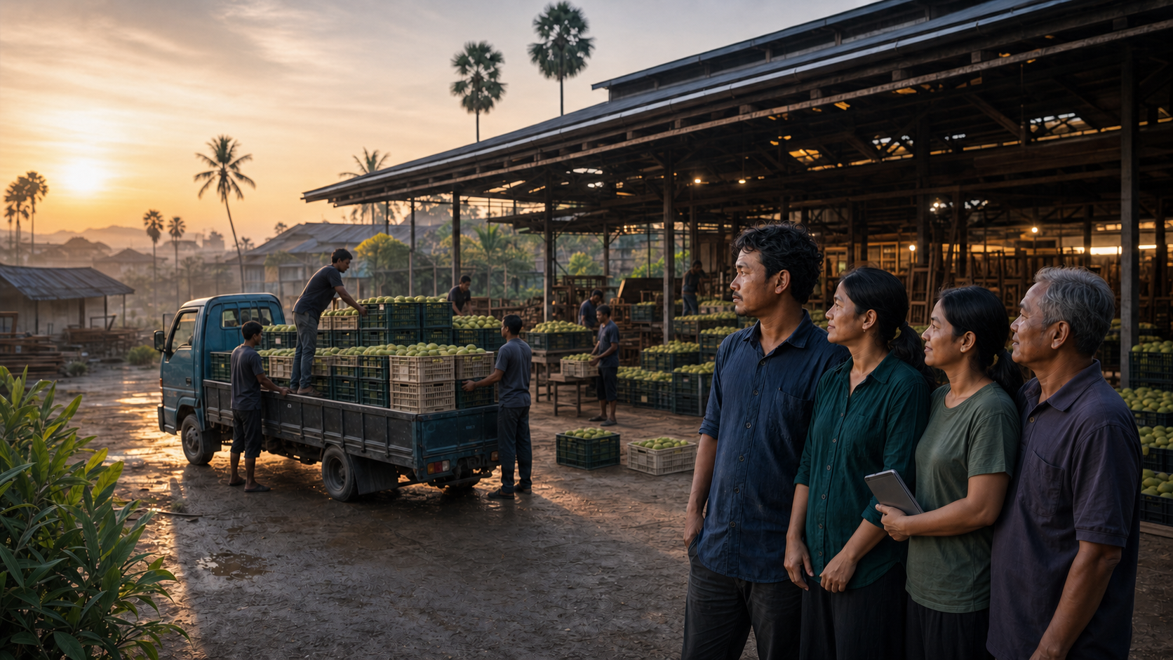 Piseth and his family watch packed mango crates being loaded for delivery
