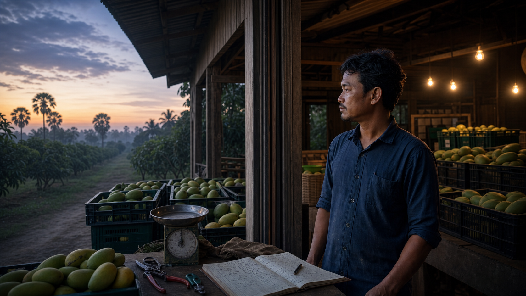 Piseth looks across his family mango orchard at dawn