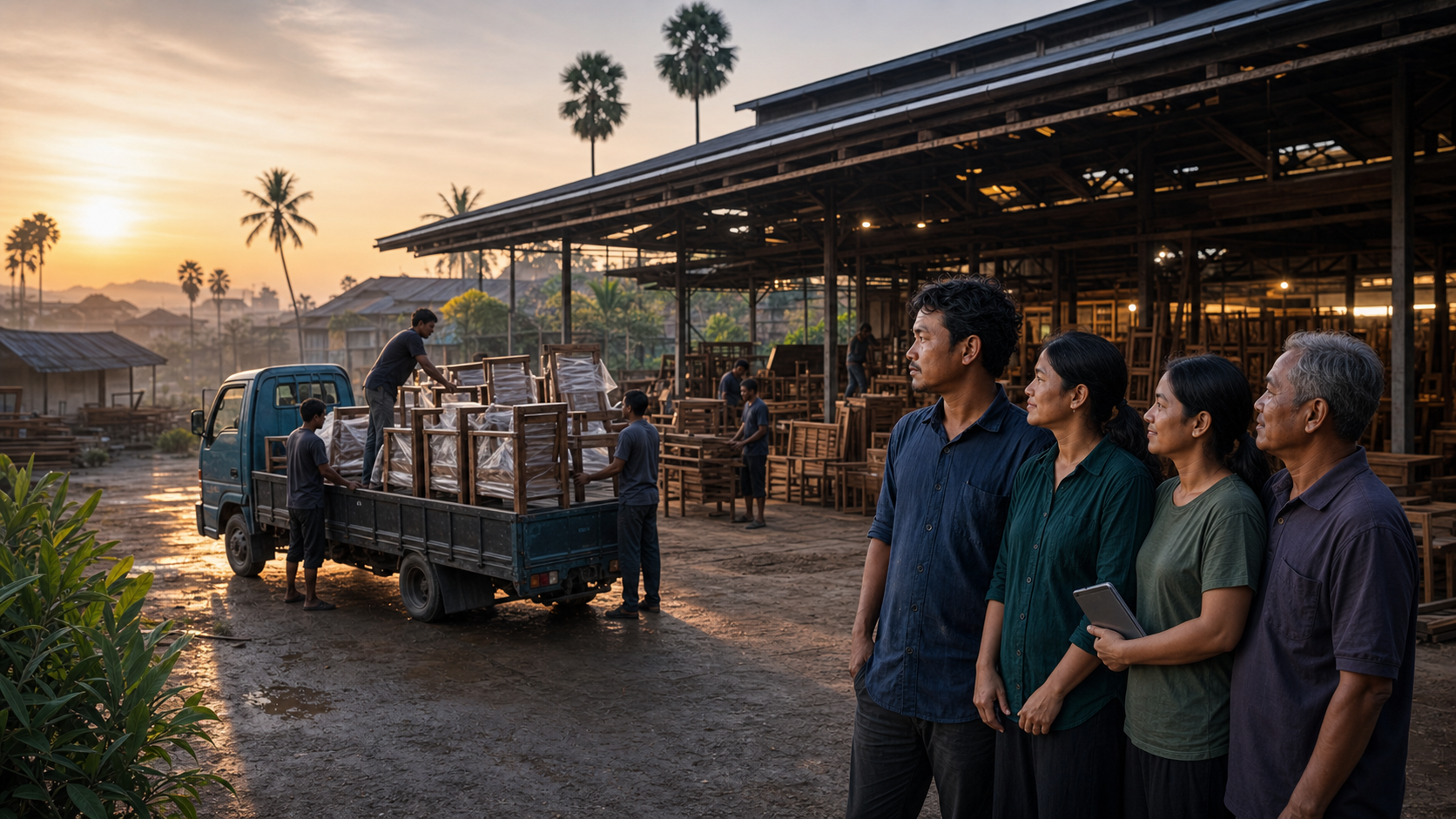 Piseth and his family watch furniture being loaded for delivery